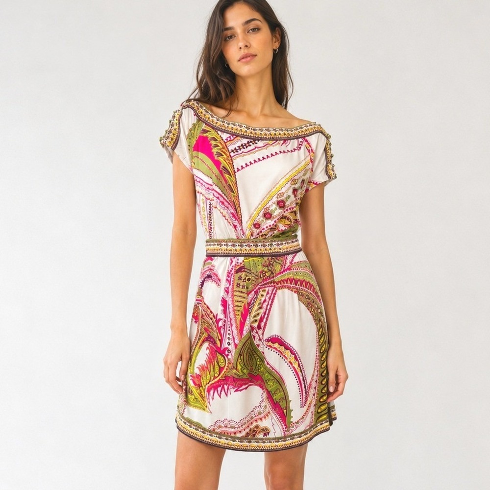 ICE Y2K Paisley Beaded Sheath Dress XL Pink Green Tie Waist Boho Vintage Retro